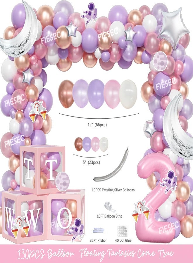 Fiesec Two The Moon Birthday Decorations Girl, 136 PCs Outer Space 2nd Party Decorations Backdrop Balloon Garland Arch Banner Cake Topper Box Cutout Crown Poster Astronaut Spaceman Rocket Pink - Image 3